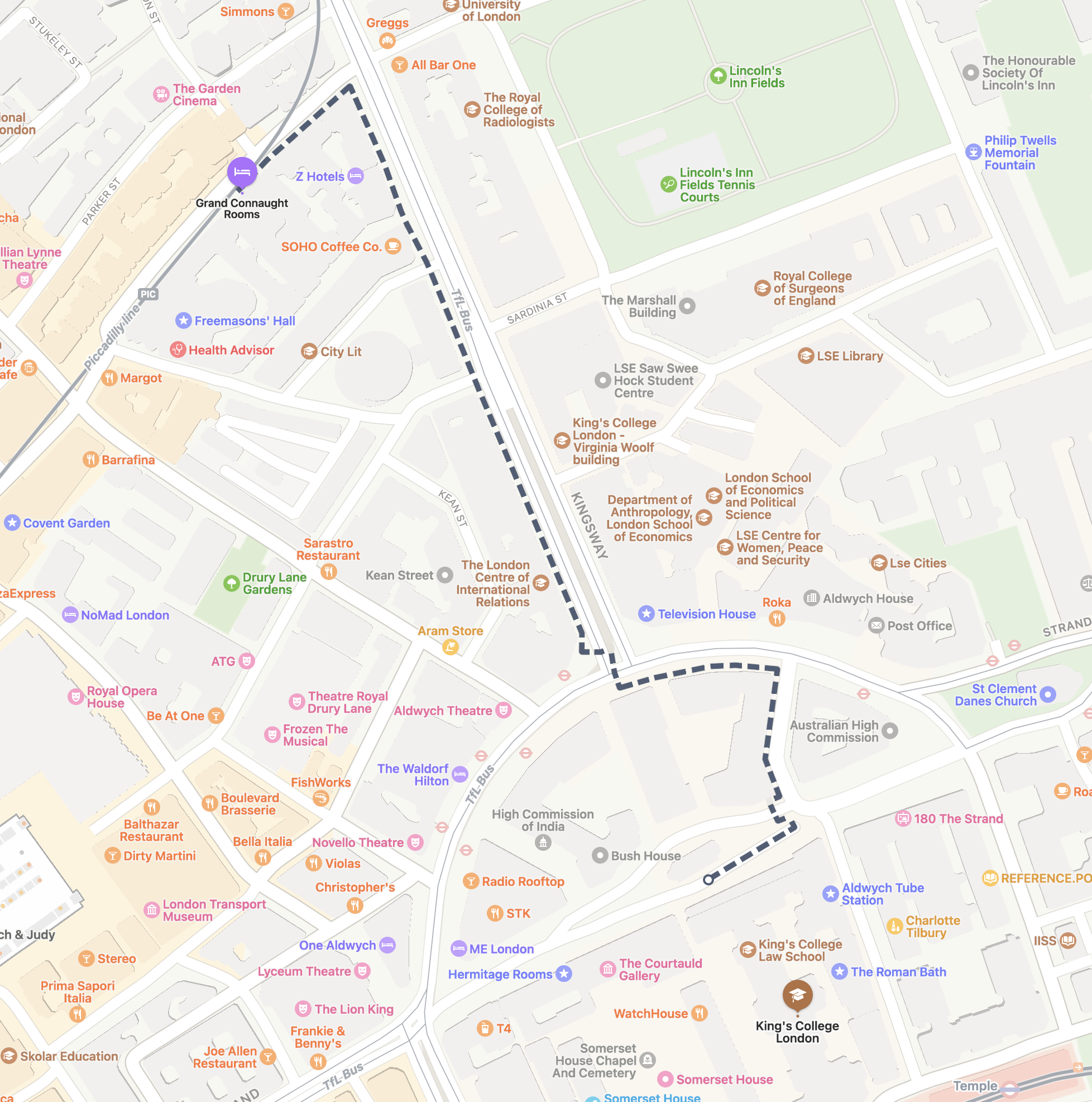 Map of central London, with a dashed line showing the way from King’s College London to the conference dinner venue