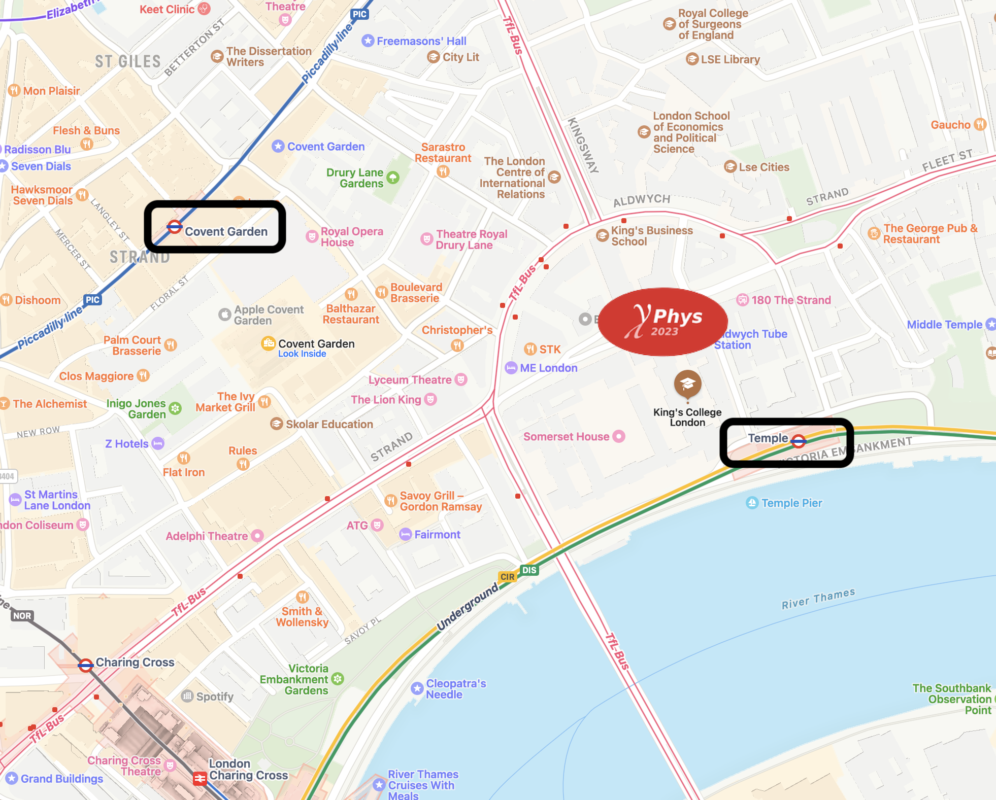 Map of central London, with NuPhys conference venue and nearby tube stations highlighted